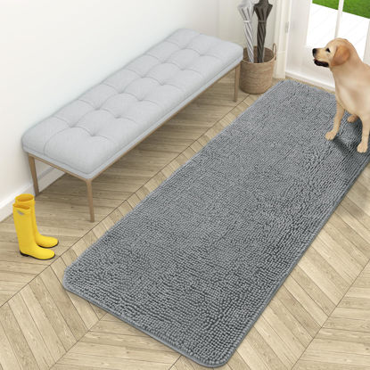 Picture of OLANLY Dog Door Mat for Muddy Paws 59x24, Absorbs Moisture and Dirt, Absorbent Non-Slip Washable Mat, Quick Dry Chenille, Mud Mat for Dogs, Entry Indoor Door Mat for Inside Floor, Grey