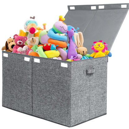 Picture of popoly 122L Large Toy Box Chest with Lid, Foldable Toy Storage Organizer Bin Boxes with Removable Divider for Kids, Boys, Girls, Nursery, Playroom, 26"x17" x17"(Linen Gray)