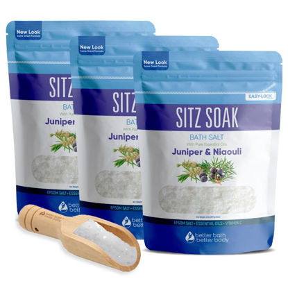 Picture of Sitz Bath Salt (3-Pack with Scoop) Hemorrhoid Soothing Sitz Soak Epsom Salt with Pure Essential Oils in BPA-Free Pouch with Easy Press Seal Made in USA with Bamboo Scoop, Three Pouches 6-Lbs Total