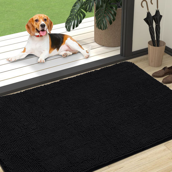 Picture of OLANLY Dog Door Mat for Muddy Paws 47x32, Absorbs Moisture and Dirt, Absorbent Non-Slip Washable Mat, Quick Dry Chenille, Mud Mat for Dogs, Entry Indoor Door Mat for Inside Floor, Black