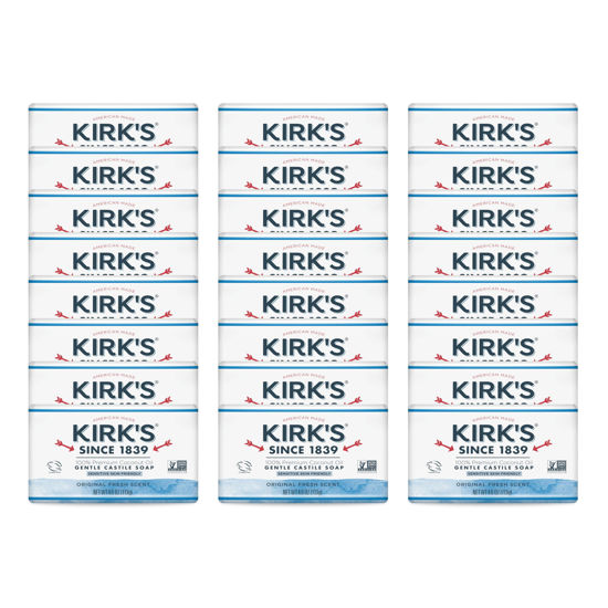 Picture of Kirk's Castile Bar Soap for Men, Women & Children - Made with Premium Coconut Oil, Sensitive Skin Formula, Vegan, Non GMO, Original Fresh Scent, 4 oz. Bars, 24 Pack