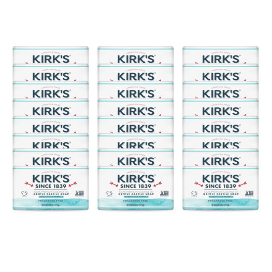 Picture of Kirk's Castile Bar Soap for Men, Women & Children - Made with Premium Coconut Oil, Sensitive Skin Formula, Vegan, Non GMO, Fragrance Free, 4 oz. Bars, 24 Pack