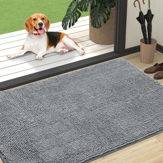 Picture of OLANLY Dog Door Mat for Muddy Paws 47x32, Absorbs Moisture and Dirt, Absorbent Non-Slip Washable Mat, Quick Dry Chenille, Mud Mat for Dogs, Entry Indoor Door Mat for Inside Floor, Grey