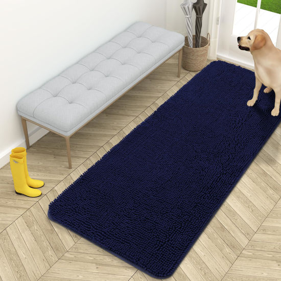 Picture of OLANLY Dog Door Mat for Muddy Paws 59x24, Absorbs Moisture and Dirt, Absorbent Non-Slip Washable Mat, Quick Dry Chenille, Mud Mat for Dogs, Entry Indoor Door Mat for Inside Floor, Navy Blue