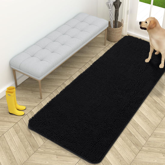 Picture of OLANLY Dog Door Mat for Muddy Paws 59x24, Absorbs Moisture and Dirt, Absorbent Non-Slip Washable Mat, Quick Dry Chenille, Mud Mat for Dogs, Entry Indoor Door Mat for Inside Floor, Black