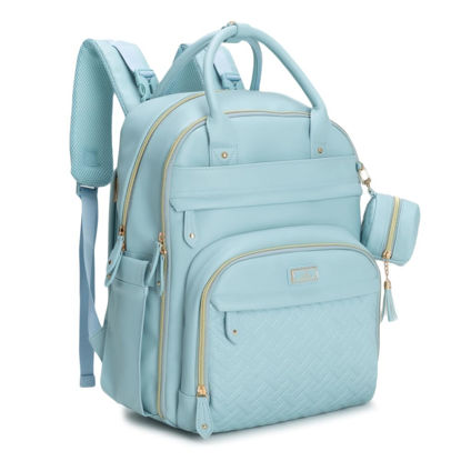 Picture of BabbleRoo Leather Diaper Bag Backpack - Baby Essentials Travel Baby Bag, Multi function, Waterproof, with Changing Pad, Stroller Straps & Pacifier Case - Unisex, Powder Blue