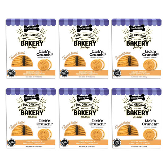 Picture of Three Dog Bakery Lick'n Crunch Sandwich Cookies Premium Dog Treats with No Artificial Flavors, Golden & Peanut Butter Flavor, 13 Ounces (Pack of 6)