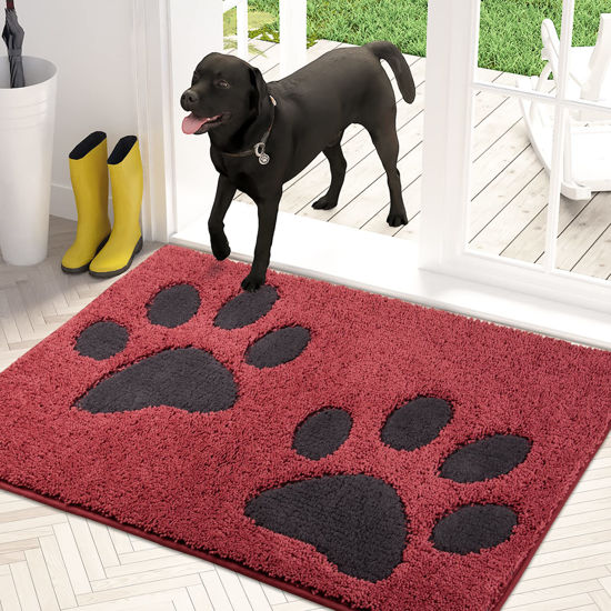 Picture of PURRUGS Dirt Trapper Door mat 32" x 47", Non-Skid/Slip Machine Washable Microfiber Entryway Rug, Dog Door Mat, Super Absorbent Welcome mat for Muddy Wet Shoes and Paws, Burgundy Red