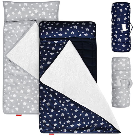 Picture of Toddler Nap Mat 2 Pack, Nap Mat for Kids Preschool, Daycare with Removable Pillow and Fleece Minky Blanket, Lightweight, Soft, Gray and Navy