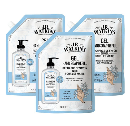 Picture of J.R. Watkins Gel Hand Soap Refill, Moisturizing Hand Wash, All Natural, Alcohol-Free, Cruelty-Free, USA Made, Ocean Breeze, 34 Fl Oz, 3 Pack