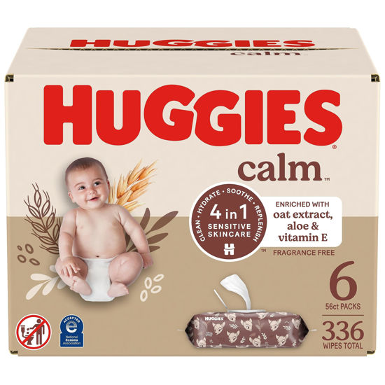 Picture of Huggies Calm Baby Wipes, Unscented, Hypoallergenic, 6 Push Button Packs (336 Wipes Total)