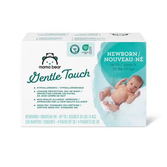 Picture of Amazon Brand - Mama Bear Gentle Touch Diapers, Hypoallergenic, Newborn, 120 Count (4 Pack of 30), White