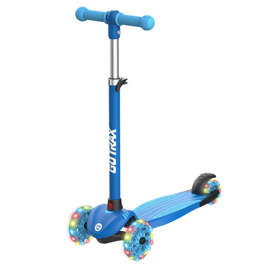 Picture of Gotrax KS1 Kids Kick Scooter, LED Lighted Wheels and 3 Adjustable Height Handlebars, Lean-to-Steer & Widen Anti-Slip Deck, 3 Wheel Scooter for Boys & Girls Ages 2-8 and up to 100 Lbs (Blue)