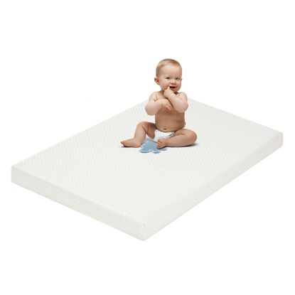 Picture of Waterproof Pack and Play Mattress, Breathable Bamboo Pack n Play Mattresses Topper, Memory Foam Playpen Mattress with Removable Zippered Cover, Quiet and Odorless Playard Mattress, 38"x26"x3" (White)