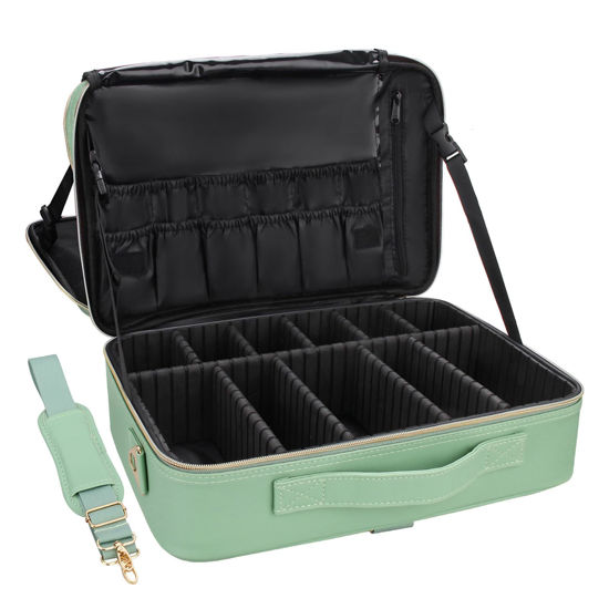 Picture of Relavel Travel Makeup Train Case Makeup Cosmetic Case Organizer Portable Artist Storage Bag with Adjustable Dividers for Cosmetics Makeup Brushes Toiletry Jewelry Digital Accessories Green