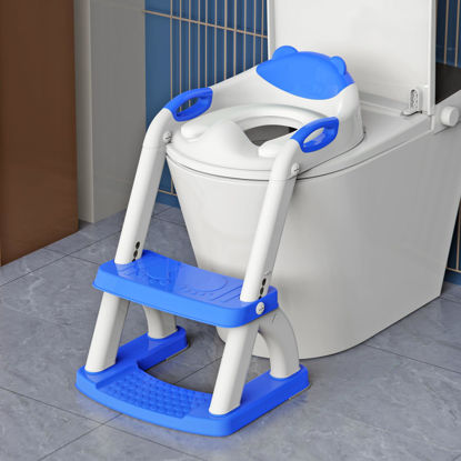 Picture of SKYROKU New Sector-Shape Stabilized Base 2-in-1 Toddler Toilet Seat, Potty Training Toilet with Splash Guard, Anti-Slip Pad, and Step Stool (Dark Blue)