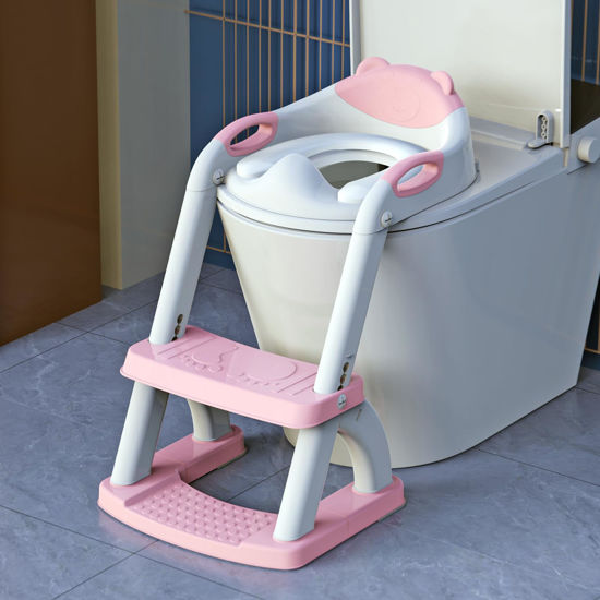 Picture of SKYROKU Potty Training Toilet, New Sector-Shape Stabilized Base 2-in-1 Toddler Toilet Seat with Splash Guard, Anti-Slip Pad, and Step Stool (Pale Pink)