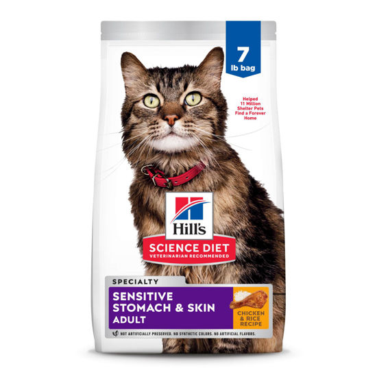 Picture of Hill's Science Diet Sensitive Stomach & Skin, Adult 1-6, Stomach & Skin Sensitivity Support, Dry Cat Food, Chicken & Rice, 7 lb Bag