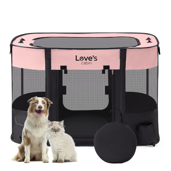 Picture of Love's cabin Pet Puppy Dog Playpen, Large Dog Tent Crates Cage Indoor/Outdoor, Portable Exercise Playpen for Dog and Cat, Foldable Pop Up Dog Kennel Playpen with Carring Case (L, Pink)