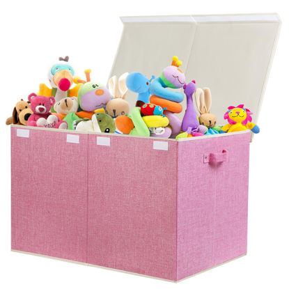 Picture of popoly 122L Large Toy Box Chest with Lid, Foldable Toy Storage Organizer Bin Boxes with Removable Divider for Kids, Boys, Girls, Nursery, Playroom, 26"x17" x17"(Linen Pink)