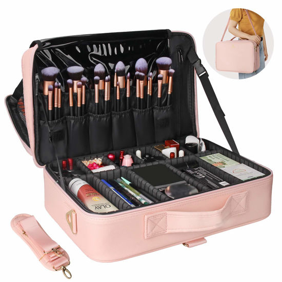 Picture of Relavel Travel Makeup Train Case Makeup Cosmetic Case Organizer Portable Artist Storage Bag with Adjustable Dividers for Cosmetics Makeup Brushes Toiletry Jewelry Digital Accessories