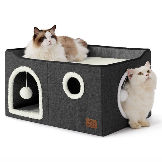 Picture of Bedsure Extra-Wide Cat House for Indoor Cats - Large Cat Cave for Pet Cat House with Fluffy Ball Hanging and Scratch Pad, Foldable Cat Hideaway for Multi Cats, 23.6x16.9x13 inches, Dark Grey