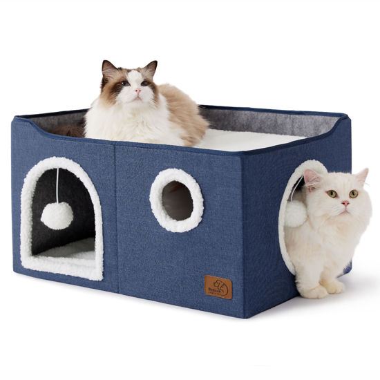 Picture of Bedsure Extra-Wide Cat House for Indoor Cats - Large Cat Cave for Pet Cat House with Fluffy Ball Hanging and Scratch Pad, Foldable Cat Hideaway for Multi Cats, 23.6x16.9x13 inches, Blue