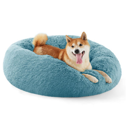 Picture of Bedsure Calming Dog Bed for Medium Dogs - Donut Washable Medium Pet Bed, 30 inches Anti-Slip Round Fluffy Plush Faux Fur Cat Bed, Fits up to 45 lbs Pets, Washed Blue