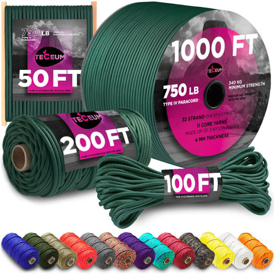 Picture of TECEUM Paracord Type IV 750 lb Dark Emerald Green - 1000 ft 100% Nylon Strong Tactical MIL-SPEC Parachute Cord - Survival Rope Emergency Para Cord 11 Strands Core EDC Camping Hiking Military Gear 022а