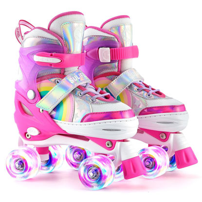 Picture of SULIFEEL Rainbow Unicorn 4 Size Adjustable Light up Roller Skates for Girls Boys for Kids Beginners Rollerskates Pink Large