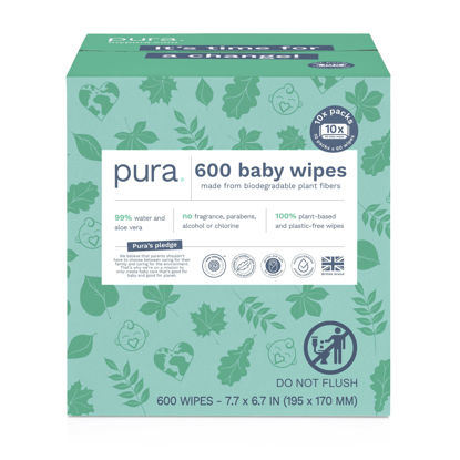 Picture of Pura Baby Wipes 10x60 Wipes (600 Wipes), Monthly Pack,100% Plastic-Free & Plant Based Wipes, 99% Water, Suitable for Sensitive & Eczema-prone Skin, Fragrance Free & Hypoallergenic, EWG, Cruelty Free