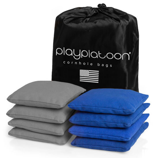 Picture of Play Platoon Weather Resistant Cornhole Bags - Set of 8 Regulation Corn Hole Bean Bags - Blue & Gray - Durable Duck Cloth Corn Hole Bags for Tossing Game, Includes Tote Bag