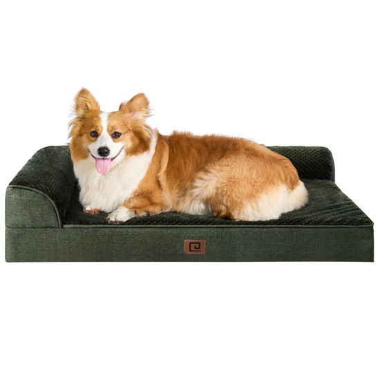 Picture of EHEYCIGA Memory Foam Large Dog Bed, Orthopedic Dog Beds for Large Dogs, Waterproof Egg Crate Dog Couch Bed with Washable Removable Cover and Non-Slip Bottom, L Shaped Dog Bed, Dark Green