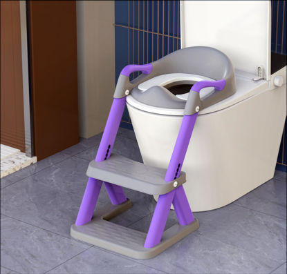 Picture of SKYROKU Potty Training Toilet, New Triangular Stabilized Base 2-in-1 Toddler Toilet Seat with Splash Guard, Anti-Slip Pad, and Step Stool(Lavender Purple)