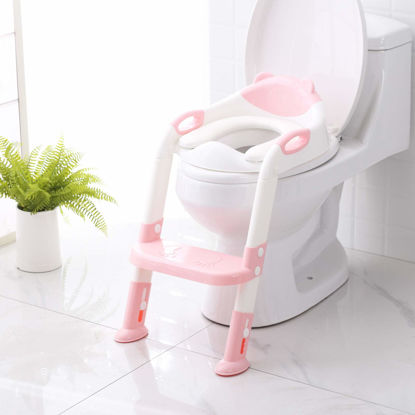 Picture of Potty Training Seat with Step Stool Ladder, SKYROKU Potty Training Toilet for Kids Boys Girls Toddlers - Comfortable Safe Potty Seat with Anti-Slip Pads Ladder Pink