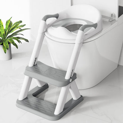 Picture of Potty seat for Toilet with Step Stool Ladder, SKYROKU New Triangular Stabilized Base Two in one Toddler Toilet Seat with Splash Guard, Anti-Slip Pad, Step Stool Grey