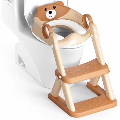 Picture of Rabb 1st Potty Training Seat, Upgrade Toddler Toilet Seat for Kids Boys Girls, 2 in 1 Potty Training Toilet for Kids, Splash Guard Anti-Slip Pad Step Stool（Brown）