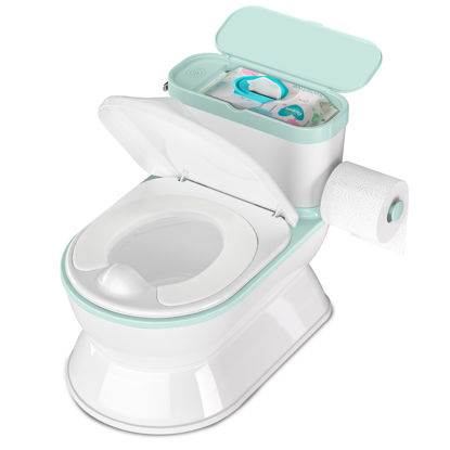 Picture of CheerTry 2-In-1 Toddler Potty Training Toilet - Larger Potty Chair & Detachable Training Seat for Boys & Girls Ages 1-3 with Flushing Sound, Wipes Storage, Toilet Paper Holder - Cyan