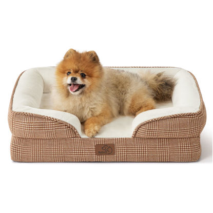 Picture of Bedsure Small Orthopedic Dog Bed - Washable Bolster Dog Sofa Beds for Small Dogs, Supportive Foam Pet Couch Bed with Removable Washable Cover, Waterproof Lining and Nonskid Bottom Couch, Brown Checks