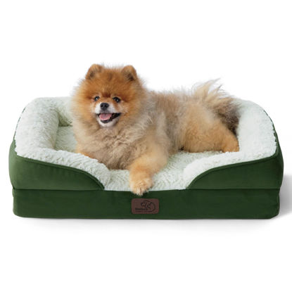 Picture of Bedsure Small Orthopedic Dog Bed - Calming Dog Sofa Beds for Small Dogs with Luxurious Short Plush, Pet Couch Bed with Removable Washable Cover, Waterproof Lining and Nonskid Bottom Couch, Green