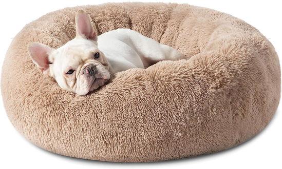 Picture of Bedsure Calming Dog Bed for Medium Dogs - Donut Washable Medium Pet Bed, 30 inches Anti-Slip Round Fluffy Plush Faux Fur Cat Bed, Fits up to 45 lbs Pets, Camel