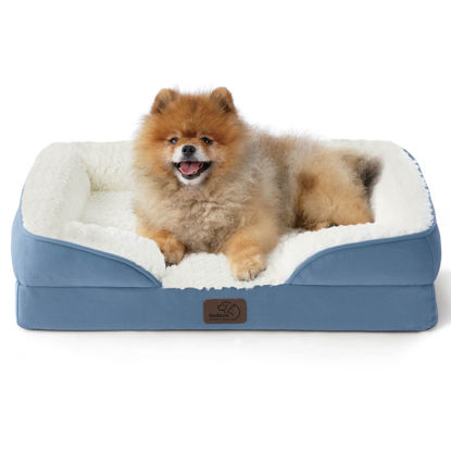 Picture of Bedsure Small Orthopedic Dog Bed - Calming Dog Sofa Beds for Small Dogs with Luxurious Short Plush, Pet Couch Bed with Removable Washable Cover, Waterproof Lining and Nonskid Bottom Couch, Faded Denim