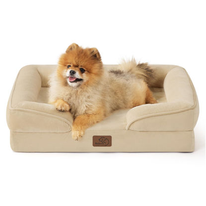 Picture of Bedsure Small Orthopedic Dog Bed - Washable Bolster Dog Sofa Beds for Small Dogs, Supportive Foam Pet Couch Bed with Removable Washable Cover, Waterproof Lining and Nonskid Bottom Couch, Light Khaki