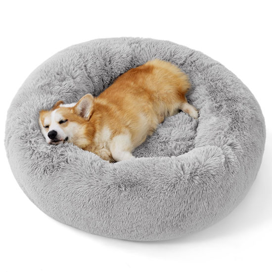 Picture of Bedsure Calming Dog Bed for Medium Dogs - Donut Washable Medium Pet Bed, 30 inches Anti-Slip Round Fluffy Plush Faux Fur Cat Bed, Fits up to 45 lbs Pets, Pale Grey