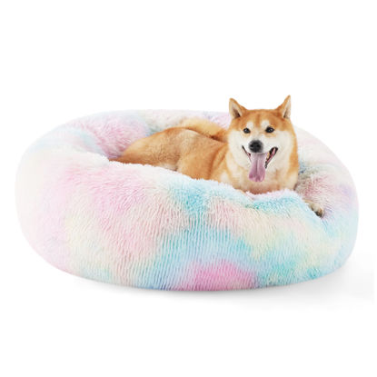 Picture of Bedsure Calming Dog Bed for Medium Dogs - Donut Washable Medium Pet Bed, Anti-Slip Round Fluffy Plush Faux Fur Cat Bed, Fits up to 45 lbs Pets, Multi-Colored, 30 inches