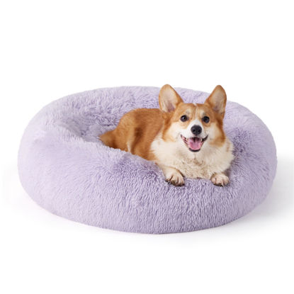 Picture of Bedsure Calming Dog Bed for Medium Dogs - Donut Washable Medium Pet Bed, 30 inches Anti-Slip Round Fluffy Plush Faux Fur Cat Bed, Fits up to 45 lbs Pets, Purple