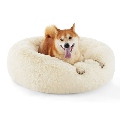 Picture of Bedsure Calming Dog Bed for Medium Large Dogs - Donut Washable Large Pet Bed, 33 inches Anti-Slip Round Fluffy Plush Faux Fur Dog Bed, Cream