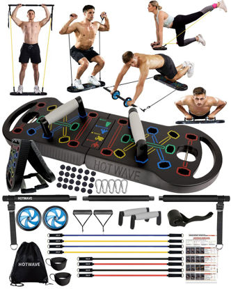 Picture of HOTWAVE Portable Exercise Equipment with 18 Gym Accessories.20 in 1 Push Up Board Fitness,Resistance Bands with Ab Roller Wheel,Full Body Workout at Home