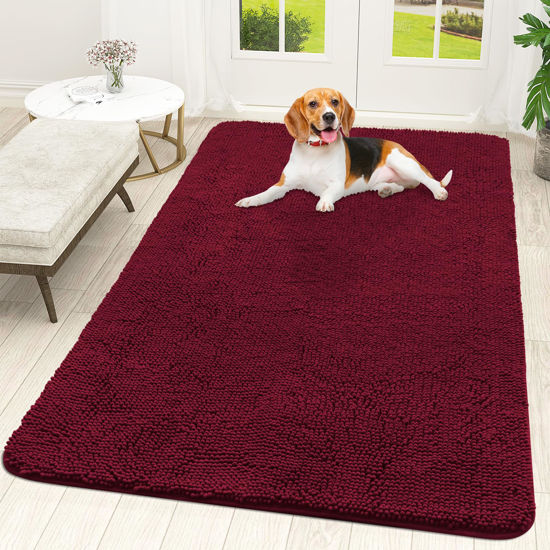 Picture of OLANLY Dog Door Mat for Muddy Paws 59x35, Absorbs Moisture and Dirt, Absorbent Non-Slip Washable Mat, Quick Dry Chenille, Mud Mat for Dogs, Entry Indoor Door Mat for Inside Floor, Burgundy