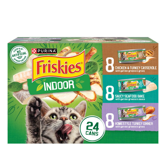 Picture of Purina Friskies Indoor Cat Food 24ct VP - (Chicken and Turkey Casserole, Saucy Seafood Bake, Homestyle Turkey Dinner) - (Pack of 24) 5.5 oz. Cans